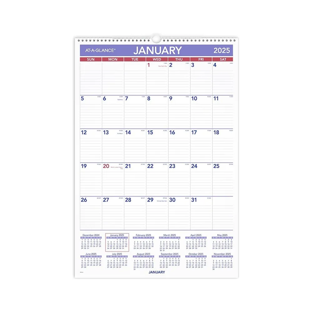 2025 Calendars|AT-A-GLANCE 2025 15.5" x 22.75" Monthly Wall Calendar, White/Purple (PM3-28-25)