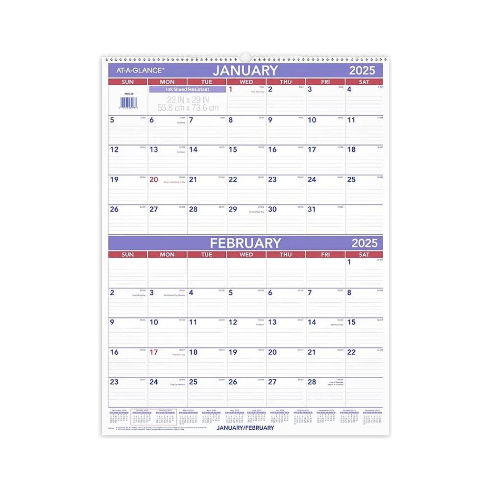 2025 Calendars|AT-A-GLANCE 2025 22" x 29" Two-Month Wall Calendar, White/Purple (PM9-28-25)