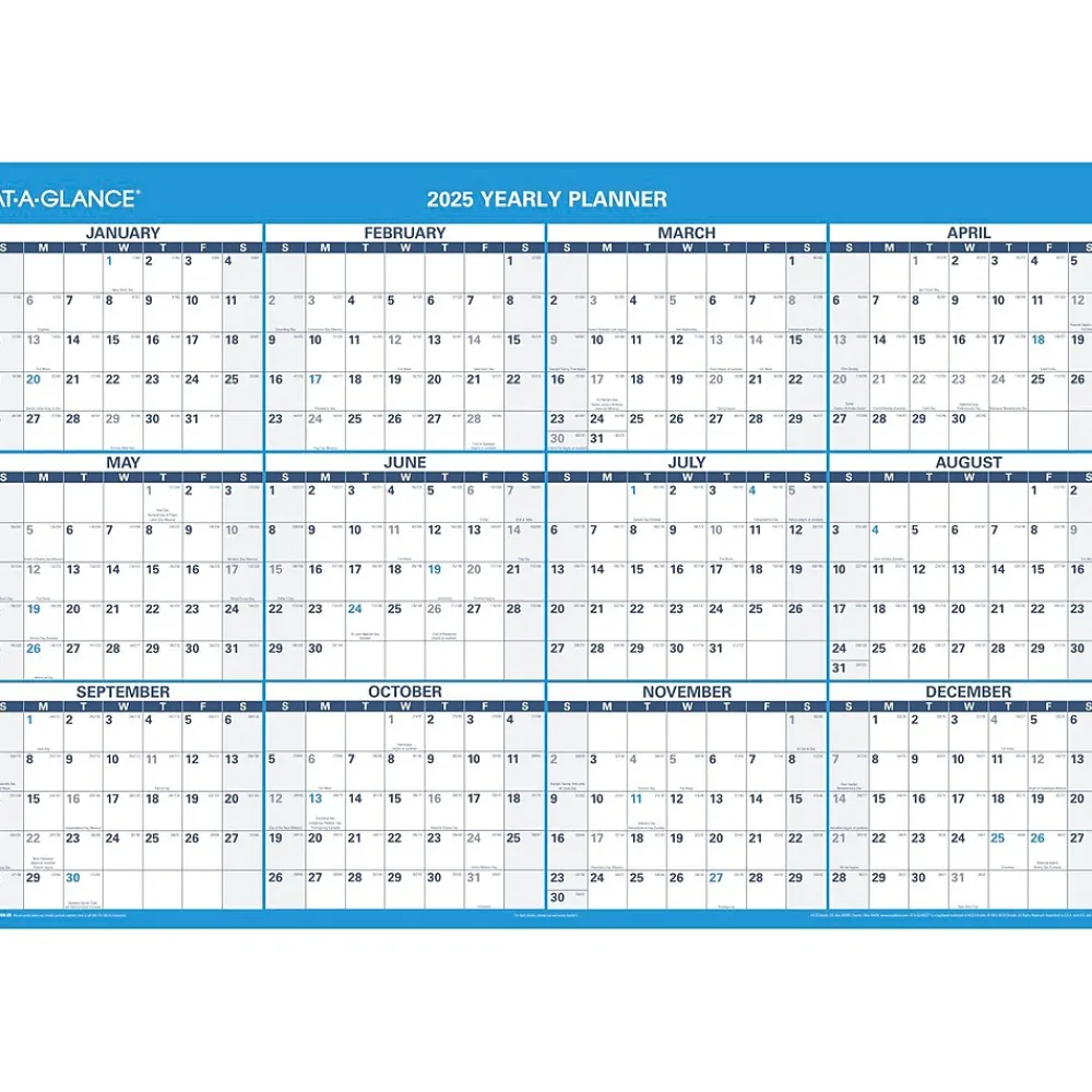 2025 Calendars|AT-A-GLANCE 2025 48" x 32" Yearly Dry Erase Wall Calendar, Reversible, White/Blue (PM300-28-25)