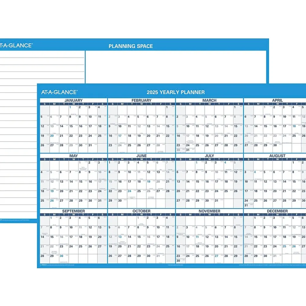 2025 Calendars|AT-A-GLANCE 2025 48" x 32" Yearly Dry Erase Wall Calendar, Reversible, White/Blue (PM300-28-25)