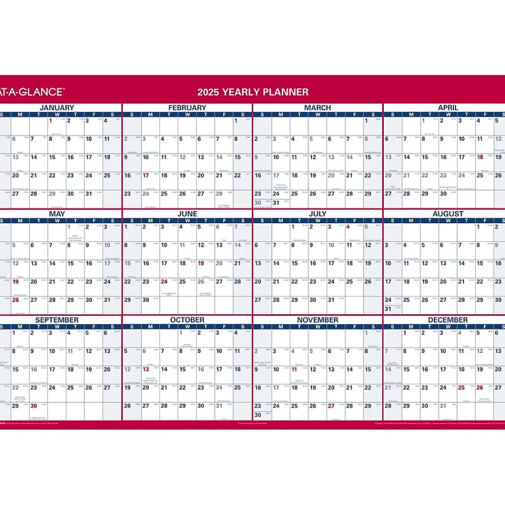 2025 Calendars|AT-A-GLANCE 2025 48" x 32" Yearly Dry Erase Wall Calendar, Reversible, White/Red (PM326-28-25)