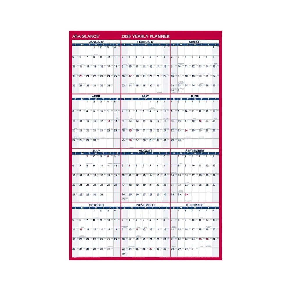 2025 Calendars|AT-A-GLANCE 2025 48" x 32" Yearly Dry Erase Wall Calendar, Reversible, White/Red (PM326-28-25)