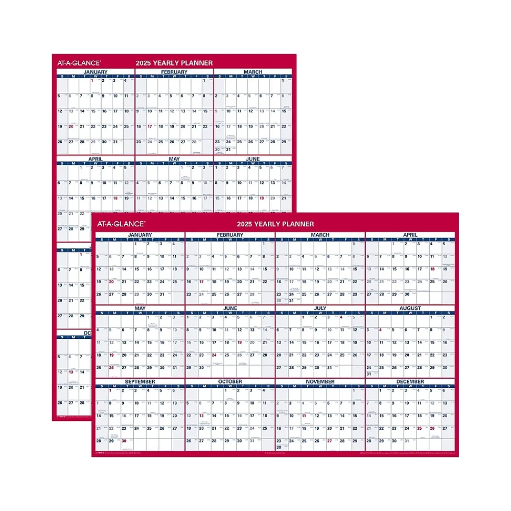 2025 Calendars|AT-A-GLANCE 2025 48" x 32" Yearly Dry Erase Wall Calendar, Reversible, White/Red (PM326-28-25)