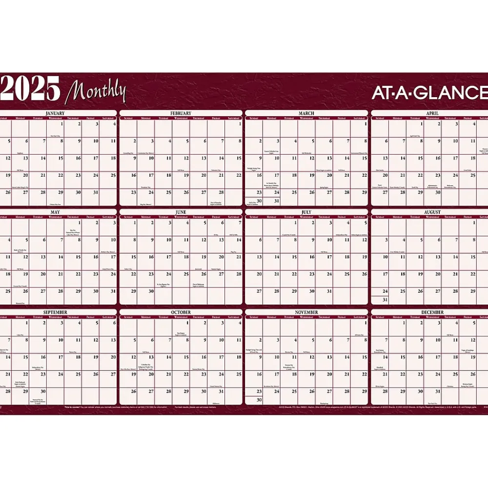 2025 Calendars|AT-A-GLANCE 2025 48" x 32" Yearly Dry Erase Wall Calendar, Reversible, Red/Blue (A152-25)