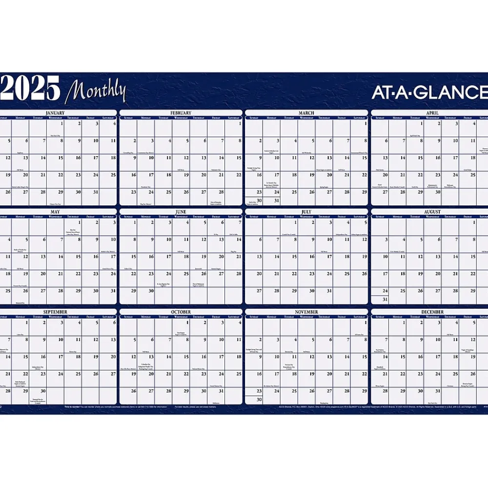 2025 Calendars|AT-A-GLANCE 2025 48" x 32" Yearly Dry Erase Wall Calendar, Reversible, Red/Blue (A152-25)