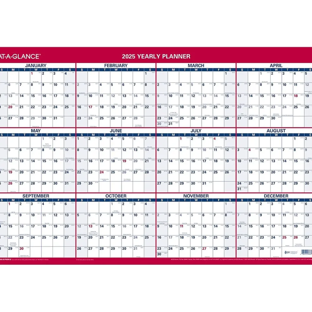 2025 Calendars|AT-A-GLANCE 2025 36" x 24" Yearly Dry Erase Wall Calendar, Reversible, White/Red (PM26-28-25)
