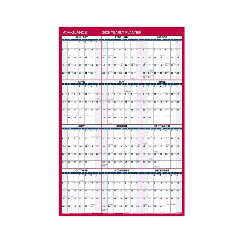 2025 Calendars|AT-A-GLANCE 2025 36" x 24" Yearly Dry Erase Wall Calendar, Reversible, White/Red (PM26-28-25)