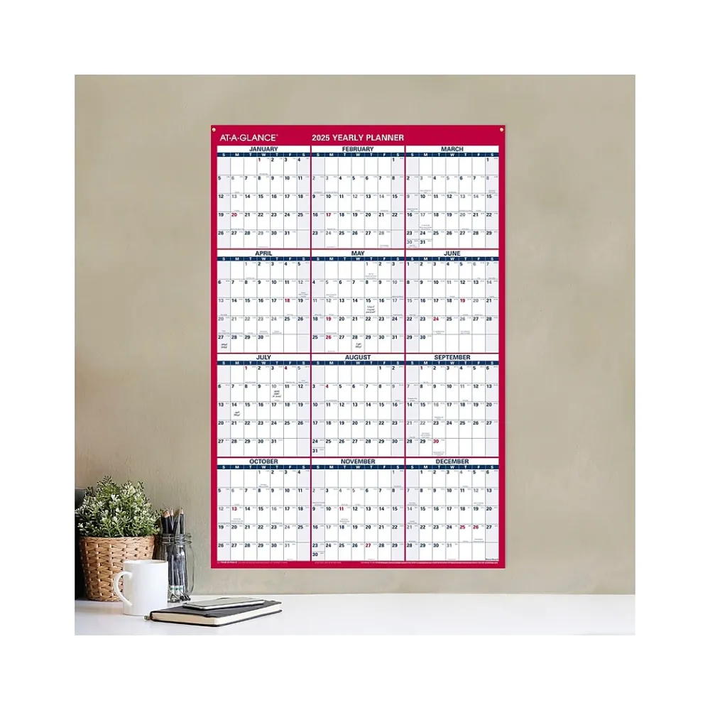 2025 Calendars|AT-A-GLANCE 2025 36" x 24" Yearly Dry Erase Wall Calendar, Reversible, White/Red (PM26-28-25)