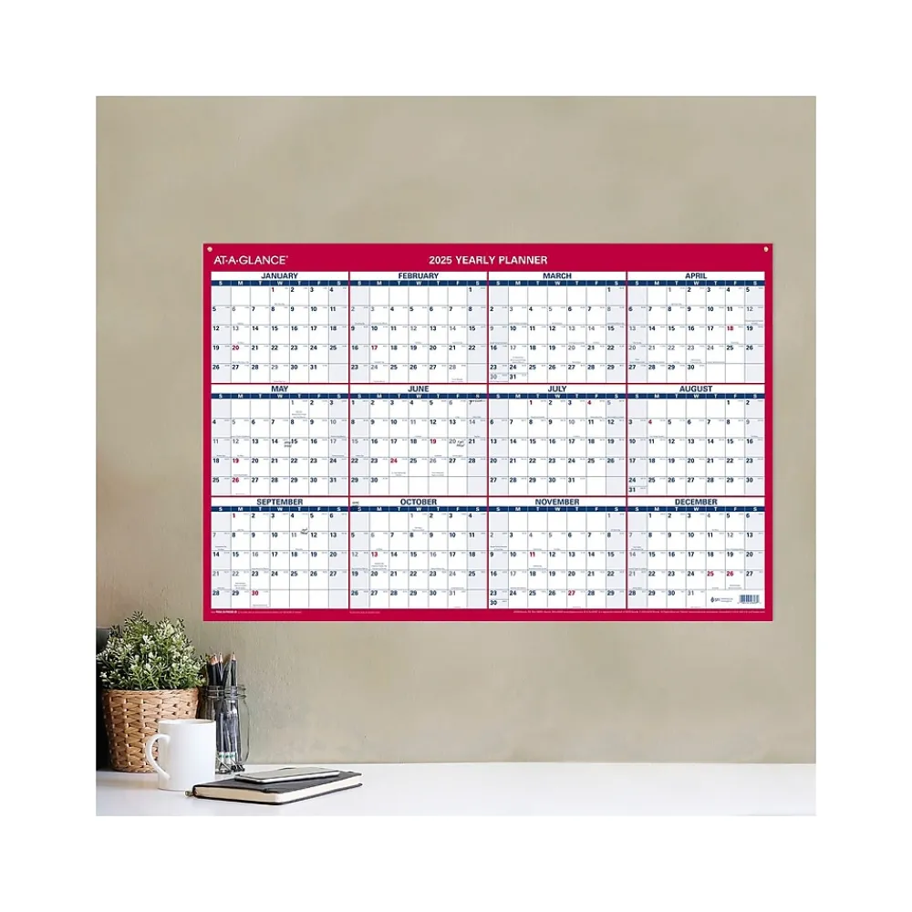 2025 Calendars|AT-A-GLANCE 2025 36" x 24" Yearly Dry Erase Wall Calendar, Reversible, White/Red (PM26-28-25)