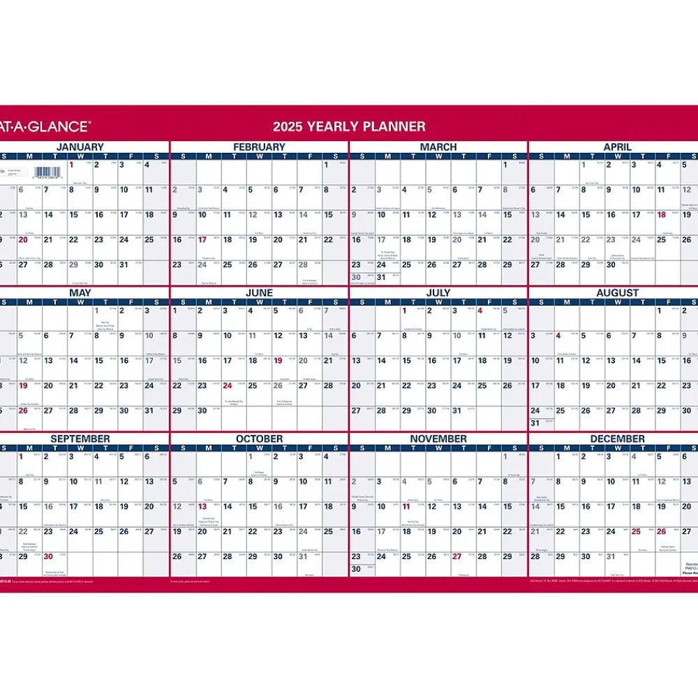 2025 Calendars|AT-A-GLANCE 2025 36" x 24" Yearly Wall Calendar, Reversible, White/Red (PM212-28-25)