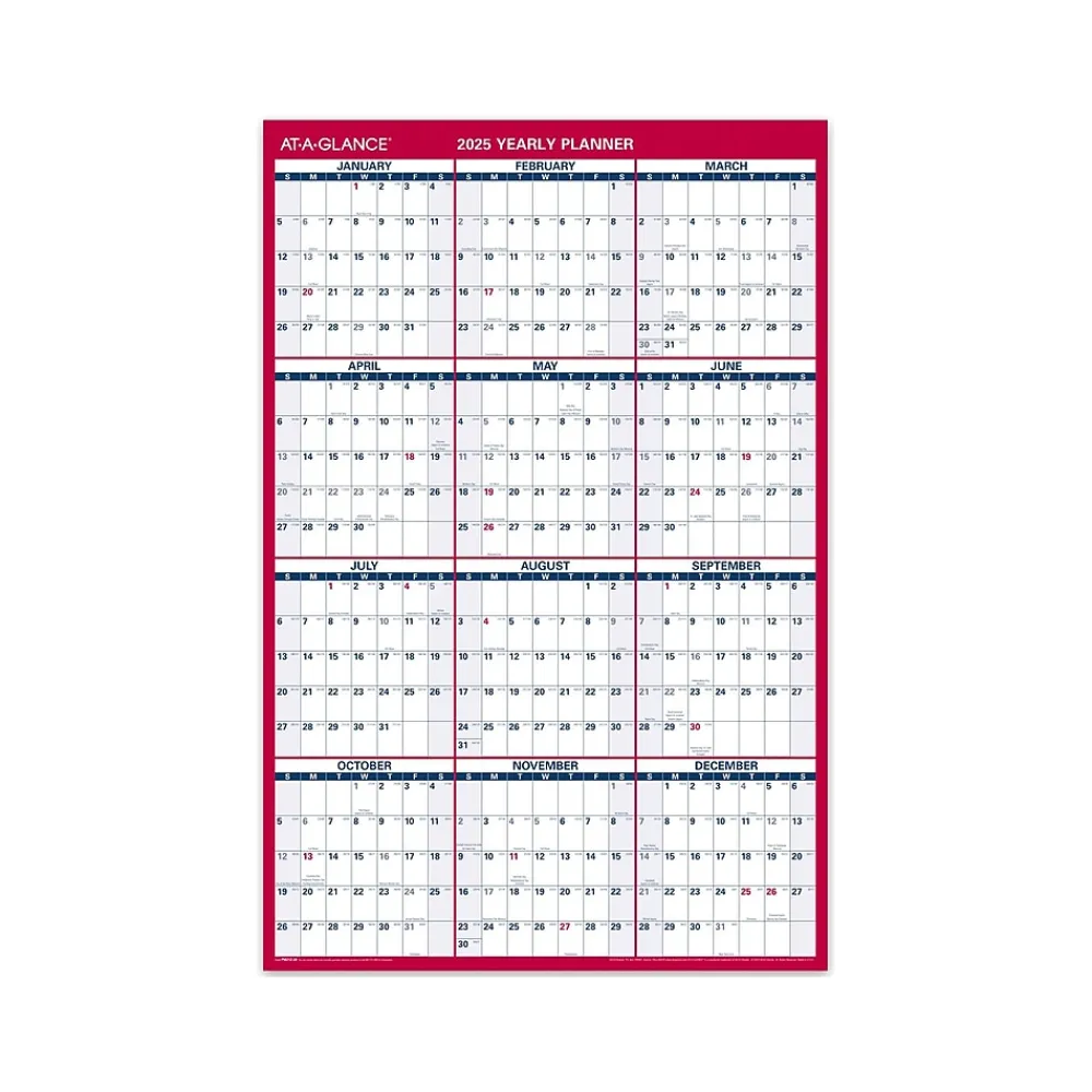 2025 Calendars|AT-A-GLANCE 2025 36" x 24" Yearly Wall Calendar, Reversible, White/Red (PM212-28-25)