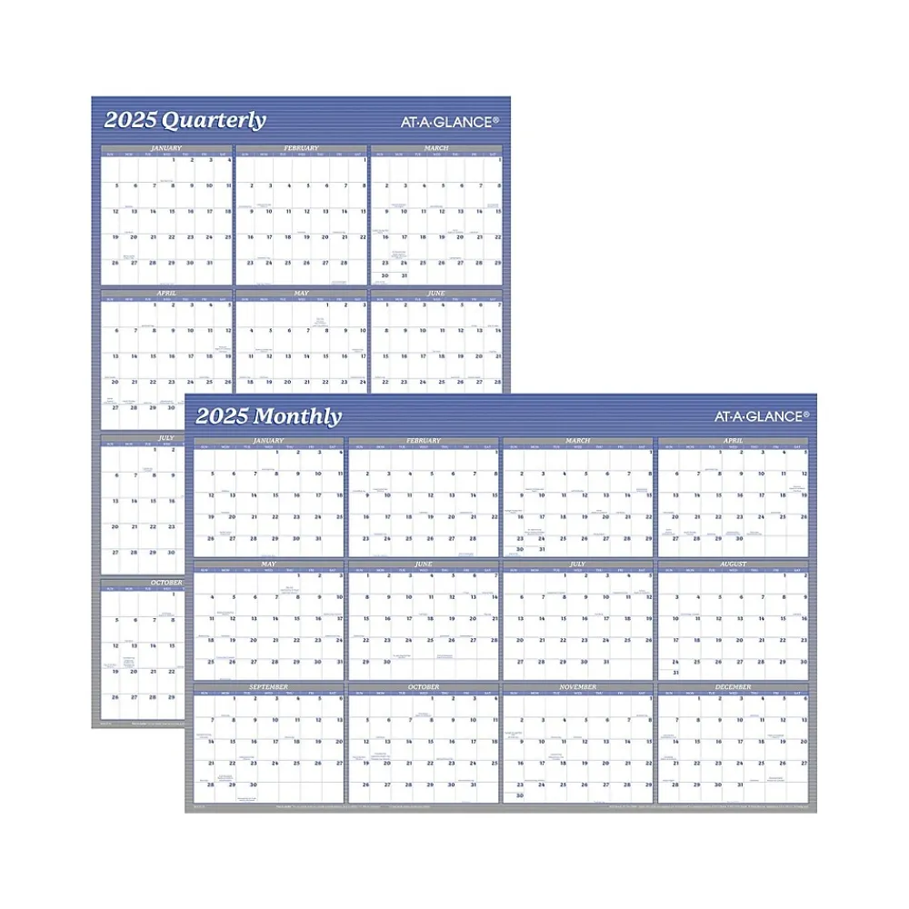 2025 Calendars|AT-A-GLANCE 2025 36" x 24" Yearly Wet-Erase Wall Calendar, Reversible, White/Blue (A1102-25)