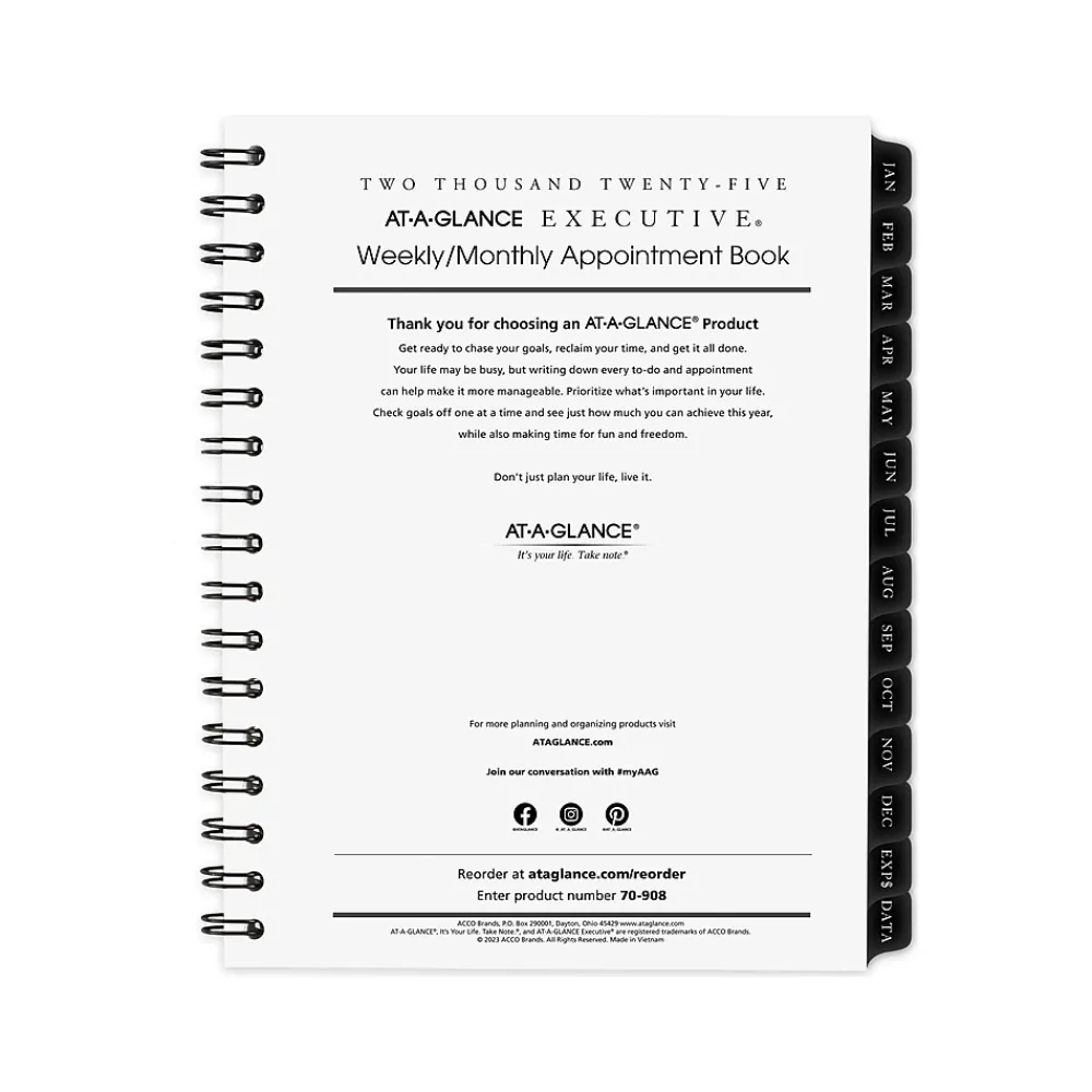 Calendars & Planners Refills|AT-A-GLANCE 2025 Executive 8.75" x 6.5" Weekly & Monthly Appointment Book Refill, White/Black (70-908-10-25)
