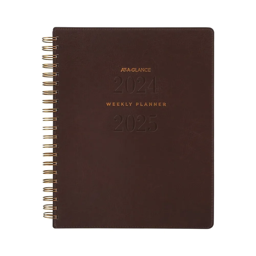 Academic Planners|AT-A-GLANCE 2024-2025 Signature 8.5" x 11" Academic Weekly & Monthly Planner, Faux Leather Cover, Distressed Brown