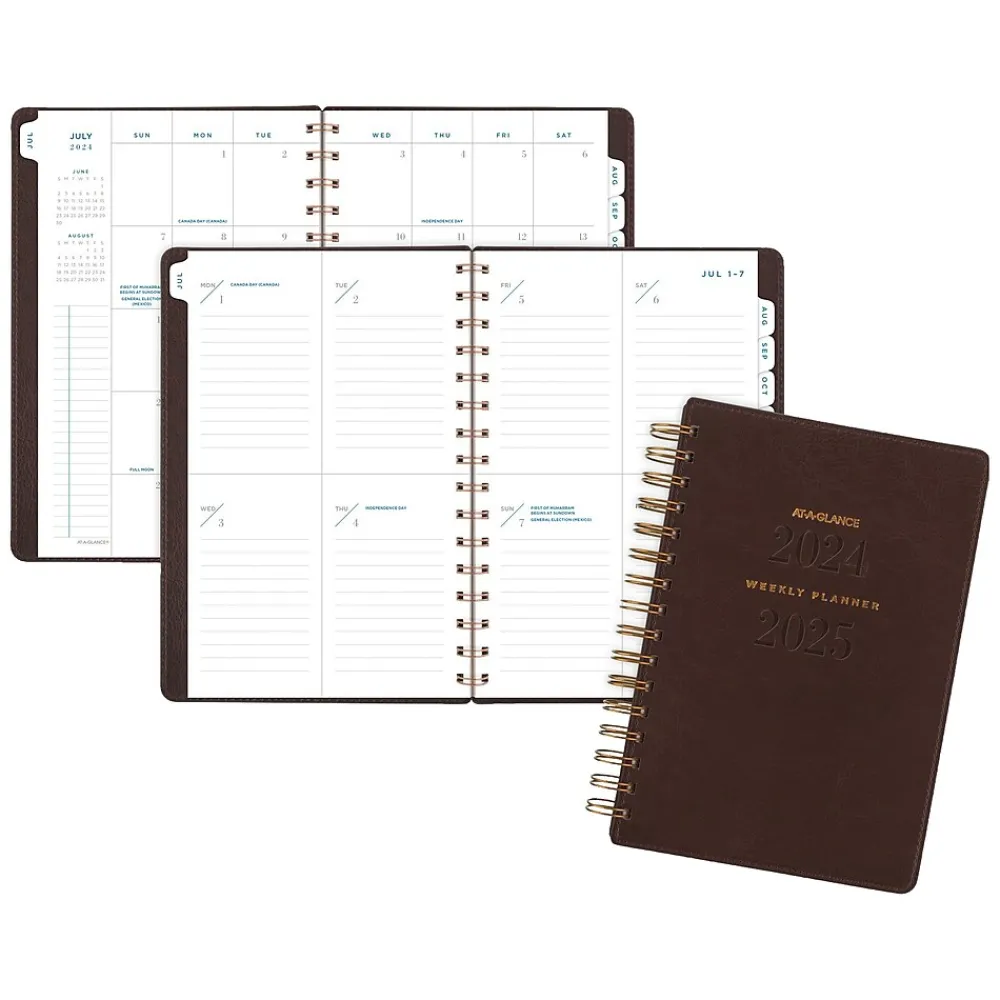 Academic Planners|AT-A-GLANCE 2024-2025 Signature 5.5" x 8.5" Academic Weekly & Monthly Planner, Faux Leather Cover, Brown (YP200A-09-25)