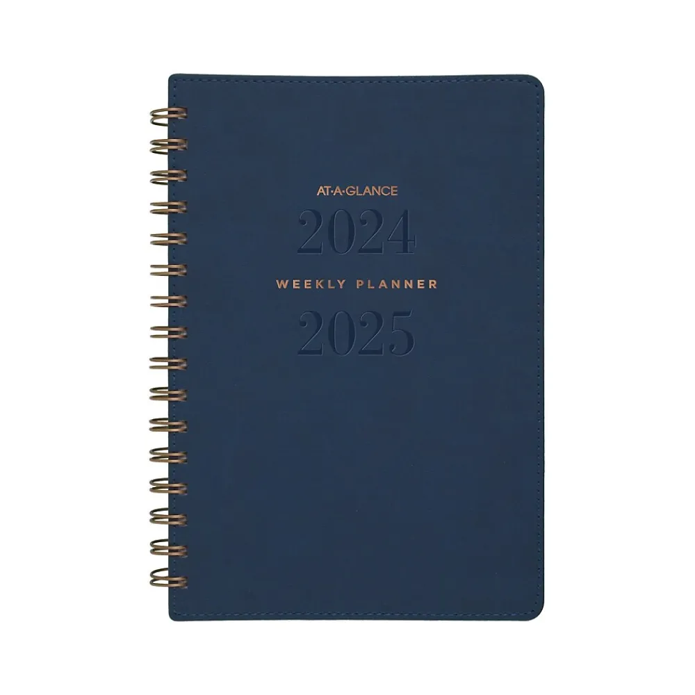 Academic Planners|AT-A-GLANCE 2024-2025 Signature Collection 5.5" x 8.5" Academic Weekly & Monthly Planner, Faux Leather Cover, Navy