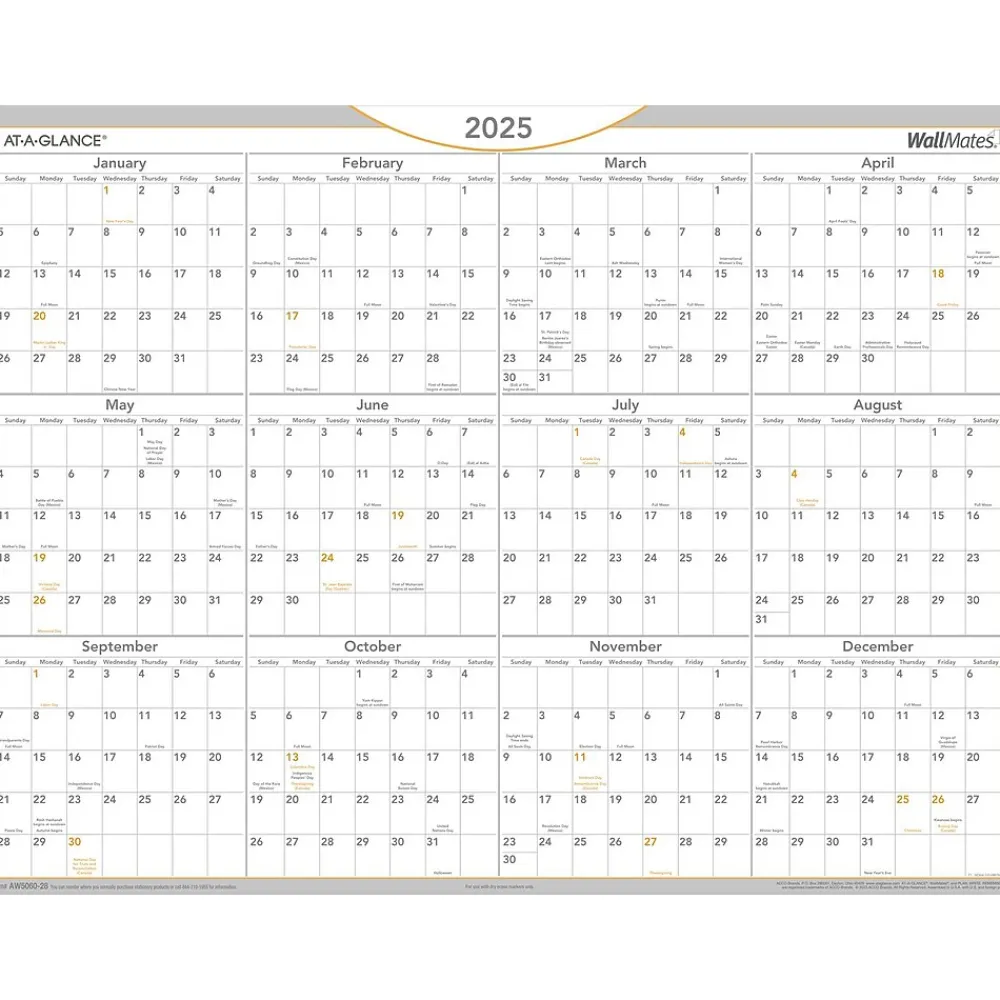 2025 Calendars|AT-A-GLANCE 2025 WallMates 24" x 18" Yearly Dry-Erase Wall Calendar, White/Gray (AW5060-28-25)
