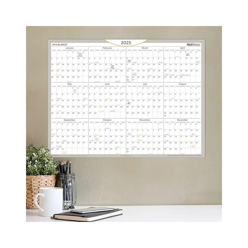 2025 Calendars|AT-A-GLANCE 2025 WallMates 24" x 18" Yearly Dry-Erase Wall Calendar, White/Gray (AW5060-28-25)