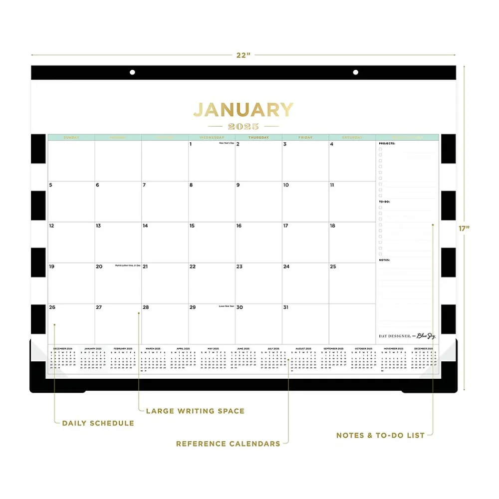 2025 Calendars|Blue Sky 2025 Rugby Stripe 22" x 17" Monthly Desk Pad Calendar, Black/White (143895-25)
