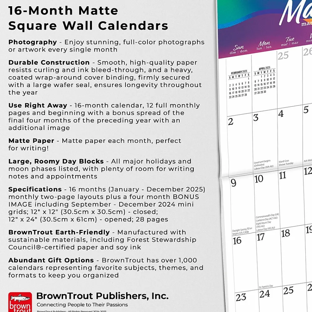 2025 Calendars|BrownTrout 2025 Big & Bright Large Print 12" x 12" Monthly Square Wall Calendar (9781975478384)
