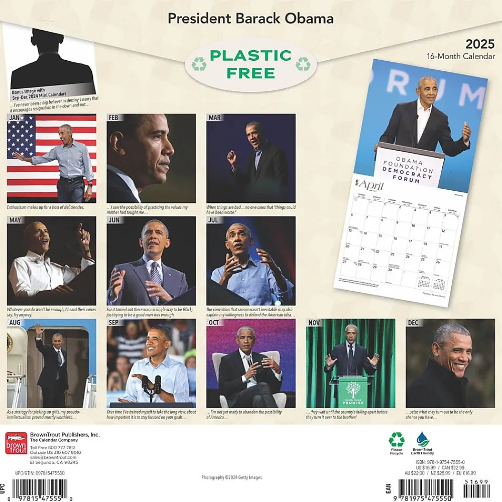 2025 Calendars|BrownTrout 2025 President Barack Obama 12" x 12" Monthly Wall Calendar (9781975475550)