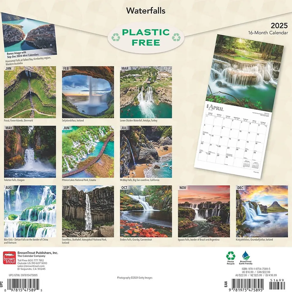 2025 Calendars|BrownTrout 2025 Waterfalls 12" x 12" Monthly Wall Calendar (9781975475895)