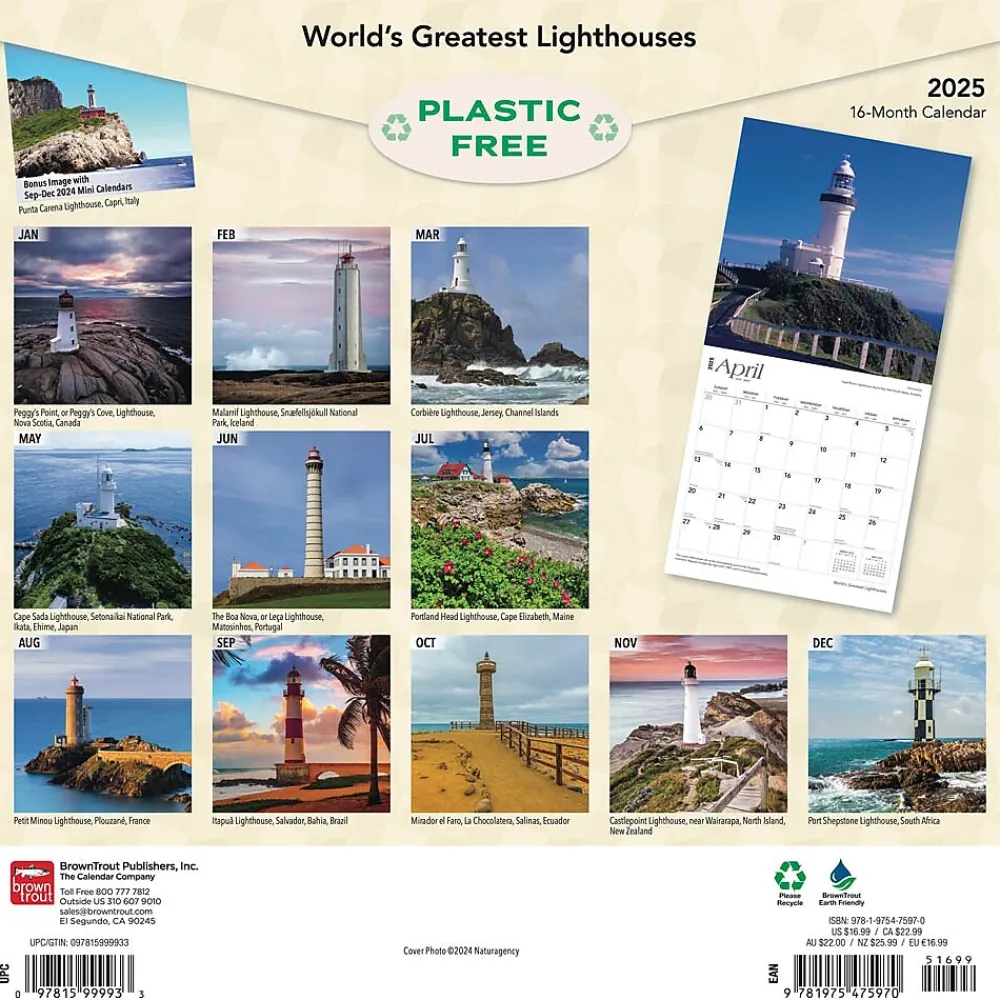 2025 Calendars|BrownTrout 2025 World's Greatest Lighthouses 12" x 24" Monthly Square Wall Calendar, (9781975475970)