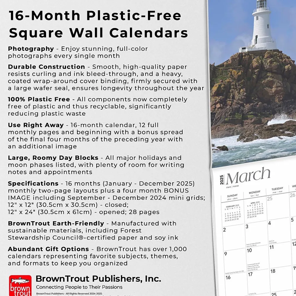 2025 Calendars|BrownTrout 2025 World's Greatest Lighthouses 12" x 24" Monthly Square Wall Calendar, (9781975475970)
