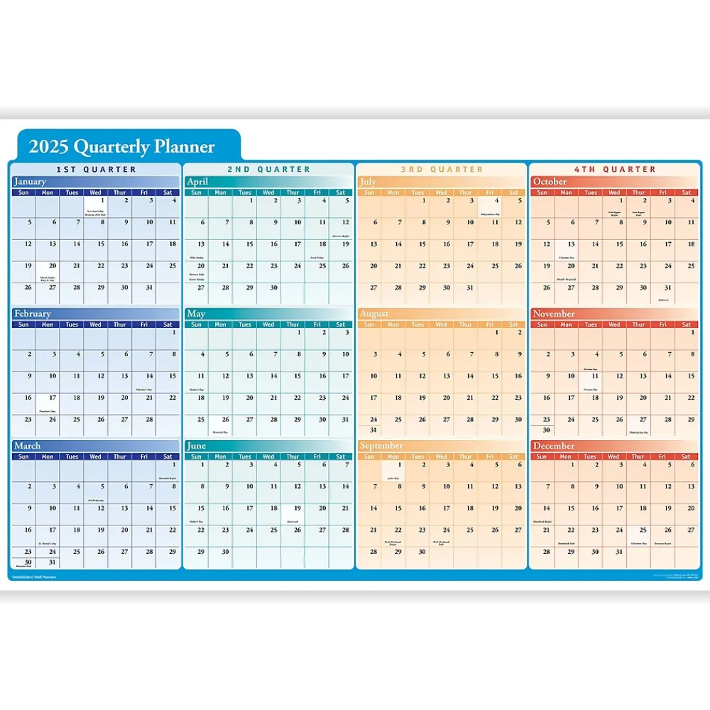 2025 Calendars|ComplyRight 2025 Quarterly Planner 36" x 24" Yearly Dry Erase Wall Calendar, Red/Blue/Orange (J0061)