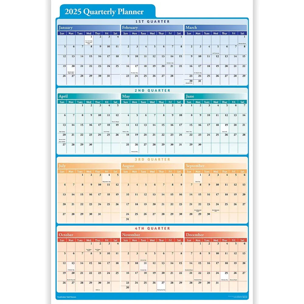 2025 Calendars|ComplyRight 2025 Quarterly Planner 36" x 24" Yearly Dry Erase Wall Calendar, Red/Blue/Orange (J0061)