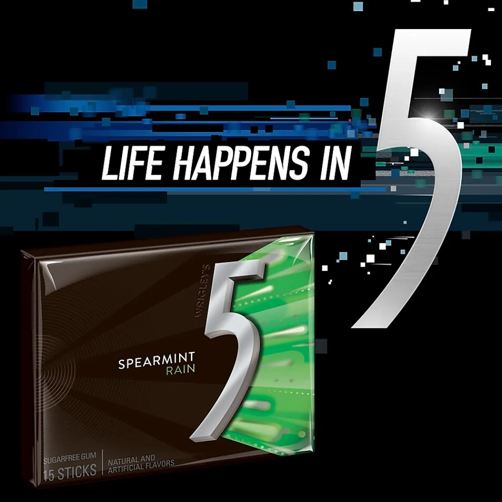 5 Gum Sugar Free Gum, Spearmint Rain, 10/Box (WMW51404)