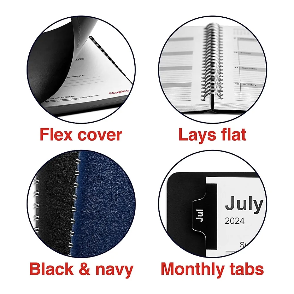 Academic Planners|Staples 2024-2025 5" x 8" Academic Weekly & Monthly Planner, Faux Leather Cover, Black (ST23570-23)