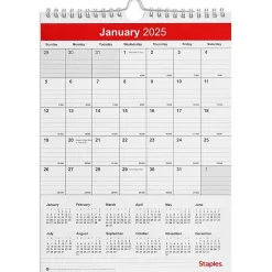 2025 Calendars|Staples 2025 8" x 11" Wall Calendar, Red/White (ST53922-25)