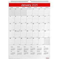 2025 Calendars|Staples 2025 12" x 17" Wall Calendar, White/Red (ST53913-25)