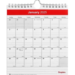 2025 Calendars|Staples 2025 6" x 7" Wall Calendar, Red/White (ST53923-25)