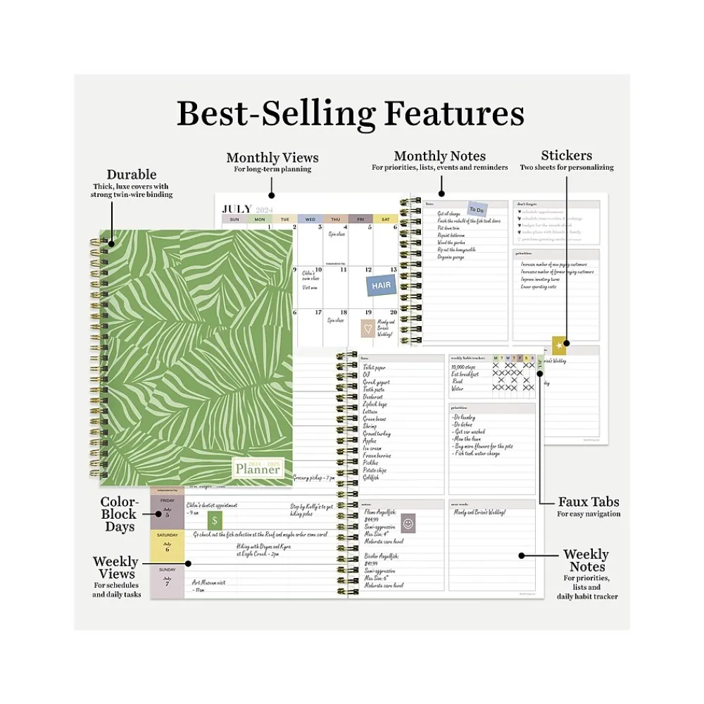 Academic Planners|TF Publishing 2024-2025 White Lotus Verde Fronds 6" x 8" Academic Weekly & Monthly Planner, Paperboard Cover (AY25-9210)