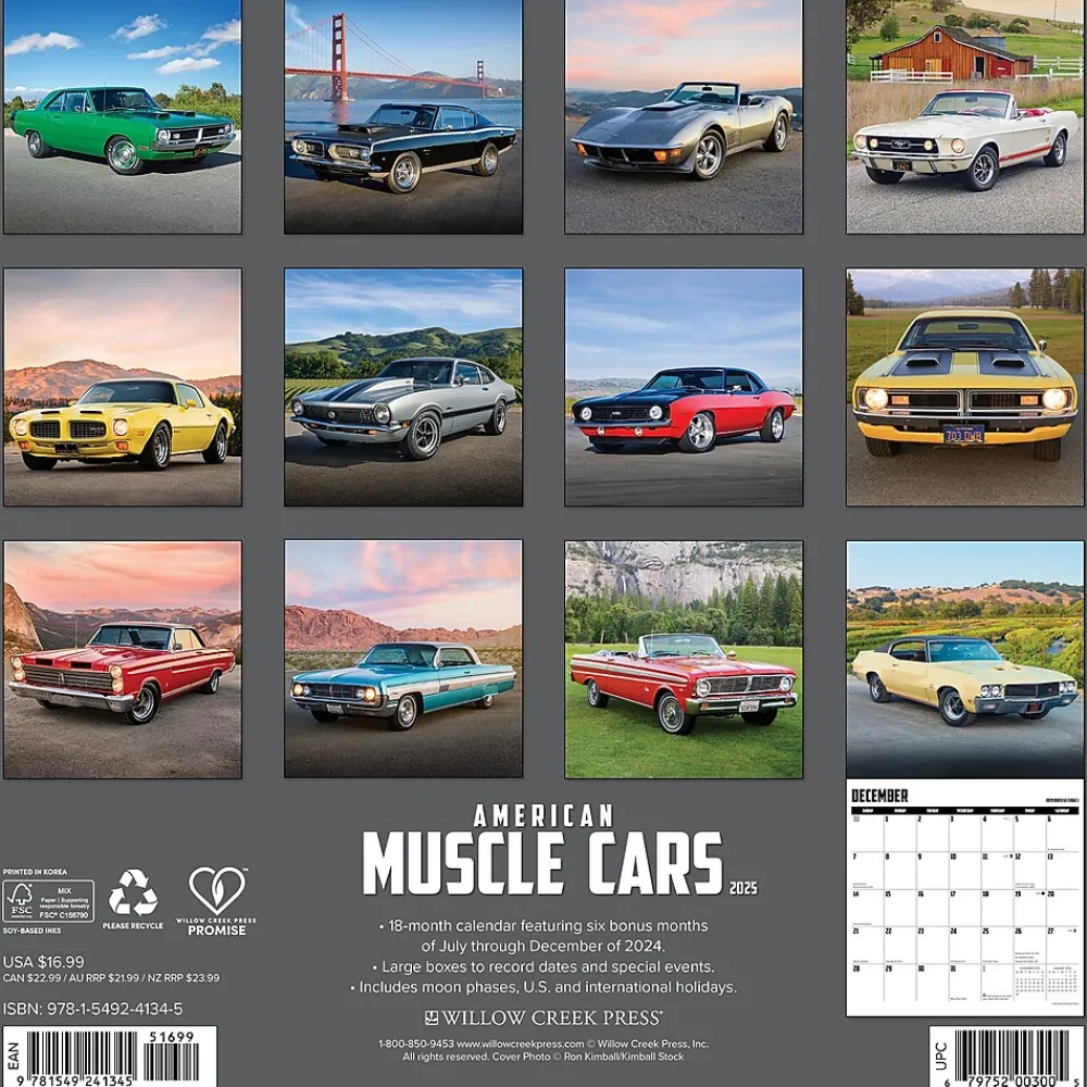 2025 Calendars|Willow Creek 2025 American Muscle Cars 12" x 12" Monthly Wall Calendar (41345)