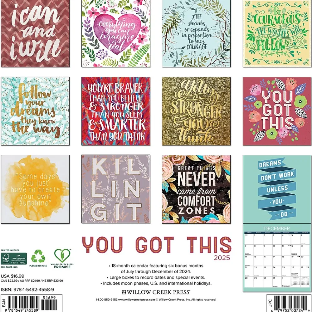 2025 Calendars|Willow Creek 2025 You Got This 12" x 12" Monthly Wall Calendar (45589)