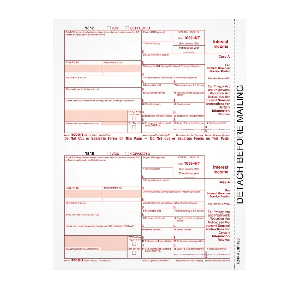 Tax Forms*Adams 2024 1099-INT Tax Form, Federal Copy A, 50/Pack (LINTFED-S)