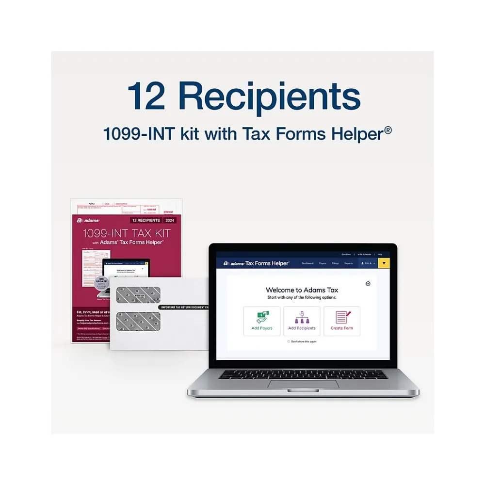 Tax Forms*Adams 2024 1099-INT Tax Form with Self-Seal Envelope, 4-Part, 2-Up, Copy A, 1, B, 2, 12/Pack