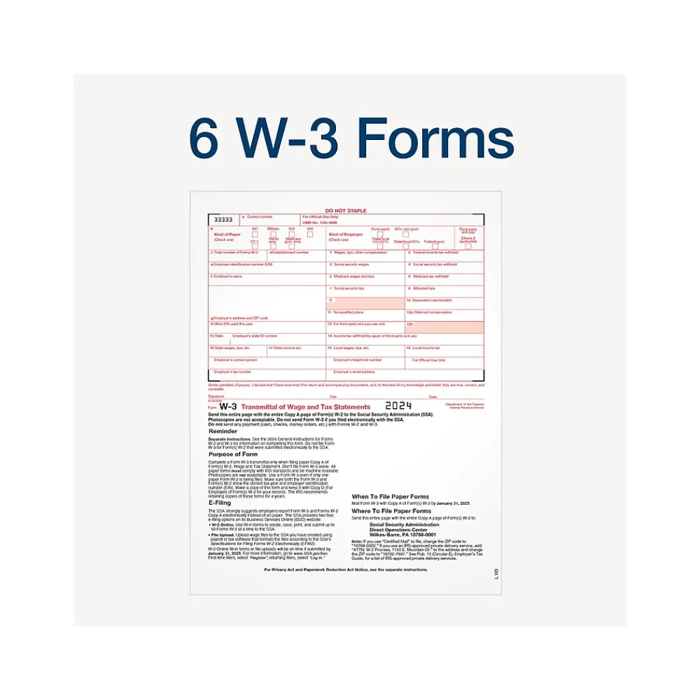Tax Forms*Adams 2024 W-2 Tax Form with W-3 Forms and Access to Tax Forms Helper, 6-Part, 2-Up, Copy A, 1, B, C, 2, D, 50/Pack