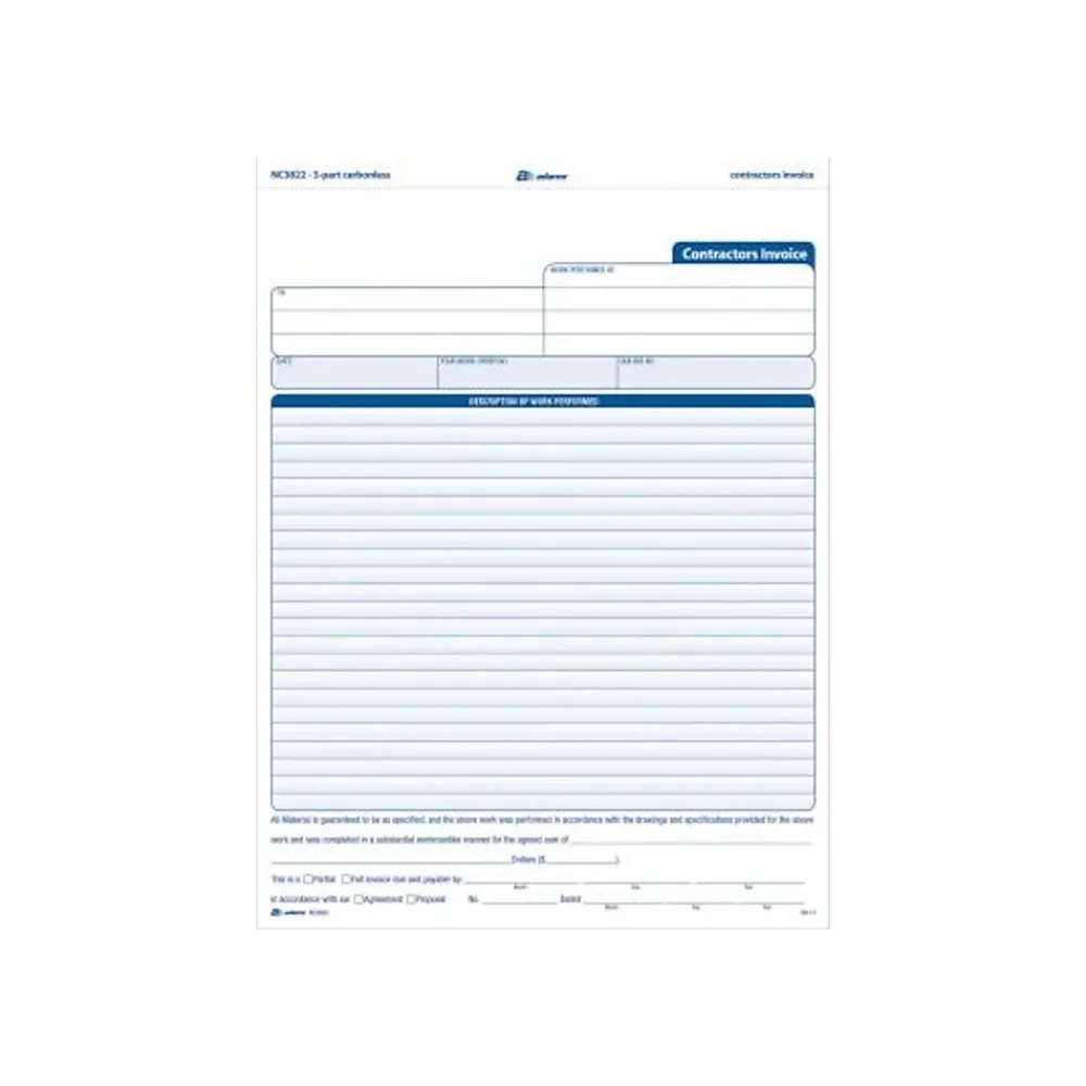 Business Forms*Adams 3-Part Carbonless Contractors Invoice Forms, 8.5"W x 11.44"L, 100/Pack (ABF NC3822)