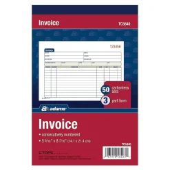 Business Forms*Adams 3-Part Carbonless Invoices, 8.44"W x 5.56"L, 50 Sets/Book (TC5840)