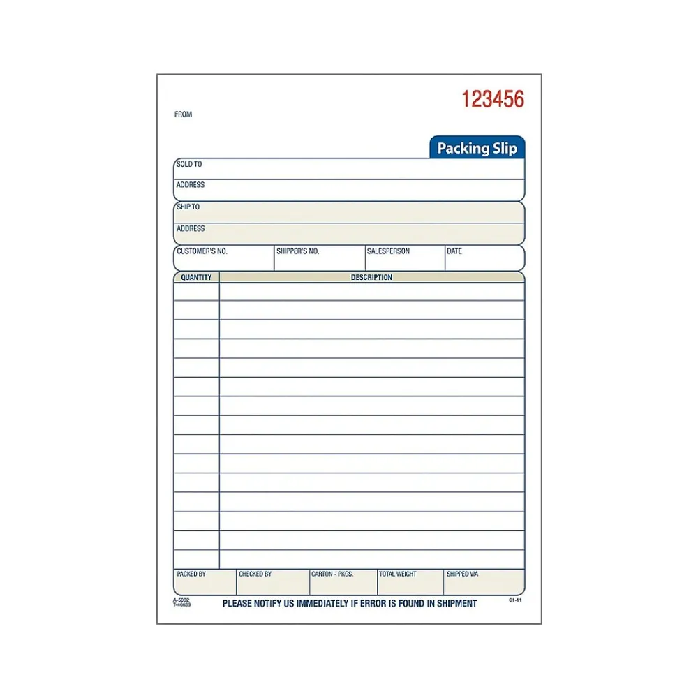 Business Forms*Adams 3-Part Carbonless Packing Slips, 7.94"L x 5.56"W, 50 Sets/Book (T5082)