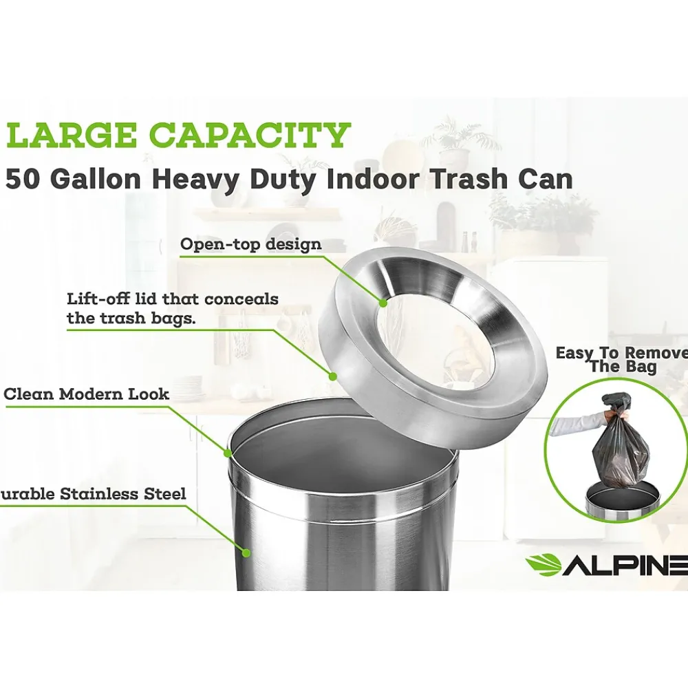 Commercial Indoor Trash Can, 50 Gallon, Stainless Steel (475-50)<Alpine Industries Clearance