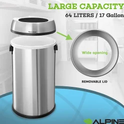 Stainless Steel Indoor Trash Can, 17 Gallon, Silver (470-65L)<Alpine Industries Outlet