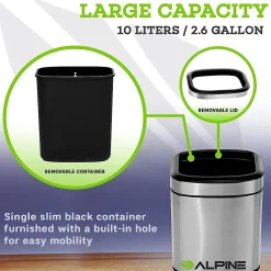 Stainless Steel Indoor Trash Can with Liner, 2.6 Gallon, Silver (470-10L)<Alpine Industries New
