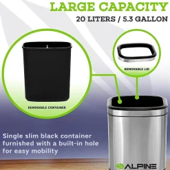 Stainless Steel Indoor Trash Can, 5.3 Gallon, Silver, 2/Pack (470-20L-2PK)<Alpine Industries New