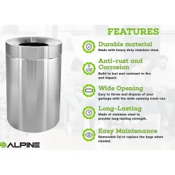 Stainless Steel Indoor Trash Can with Open Lid, 50-Gallon, 2/Pack (ALP475-50-2PK)<Alpine Industries Hot
