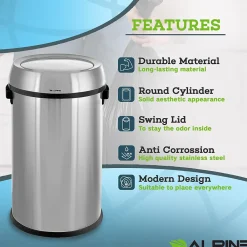 Stainless Steel Trash Can with Swing Lid, 17-Gallon (ALP470-65L-1)<Alpine Industries Online